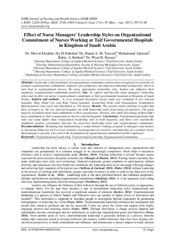 (PDF) Effect of Nurse Managers' Leadership Styles on Organizational ...