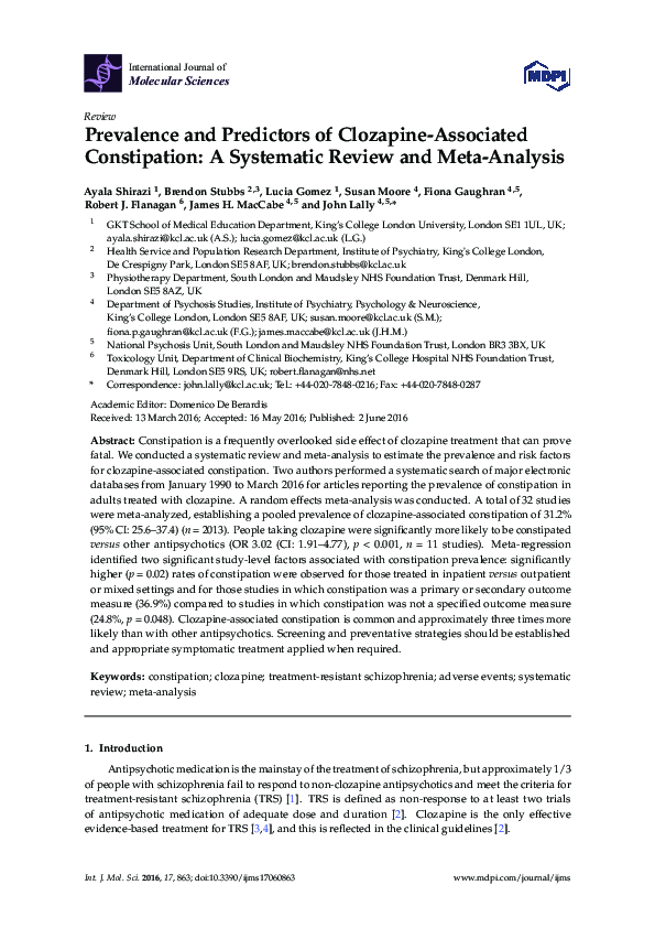 (PDF) Prevalence and Predictors of Clozapine-Associated Constipation: A ...