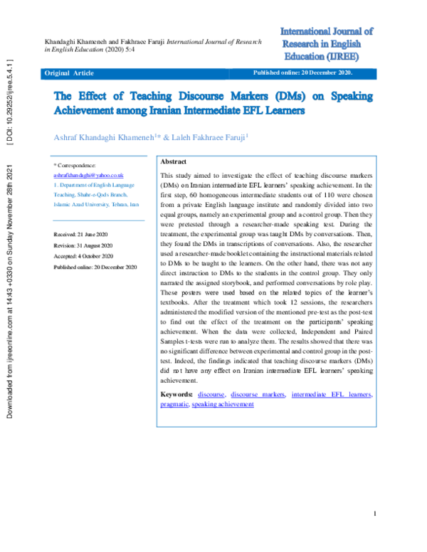 (PDF) The Effect of Teaching Discourse Markers (DMs) on Speaking ...