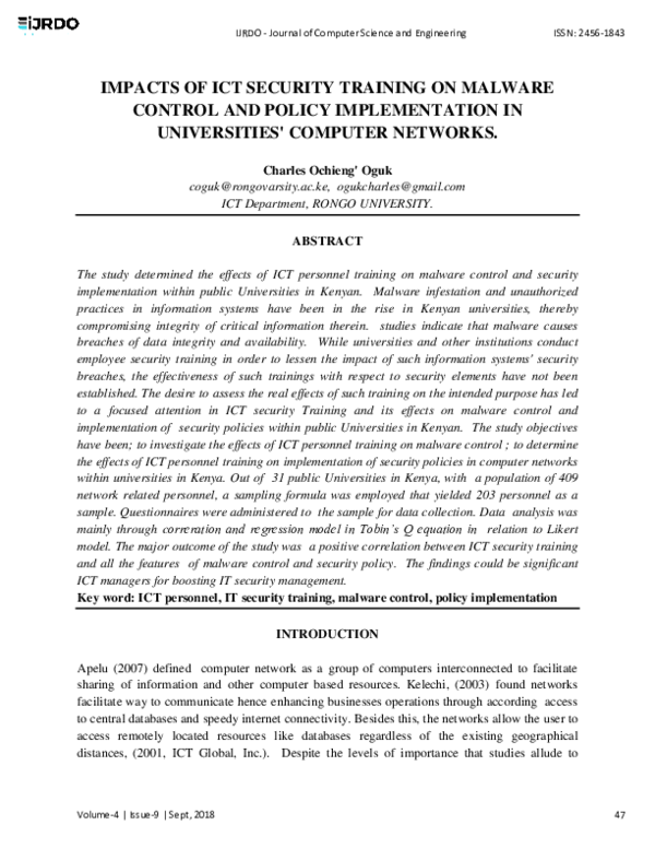 (PDF) Impacts of Ict Security Training on Malware Control and Policy ...