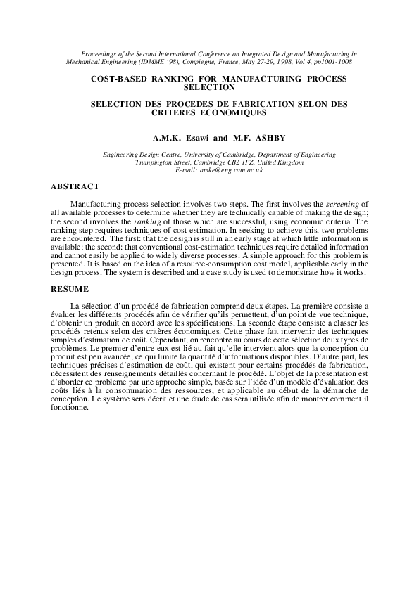 (PDF) Cost-Based Ranking for Manufacturing Process Selection