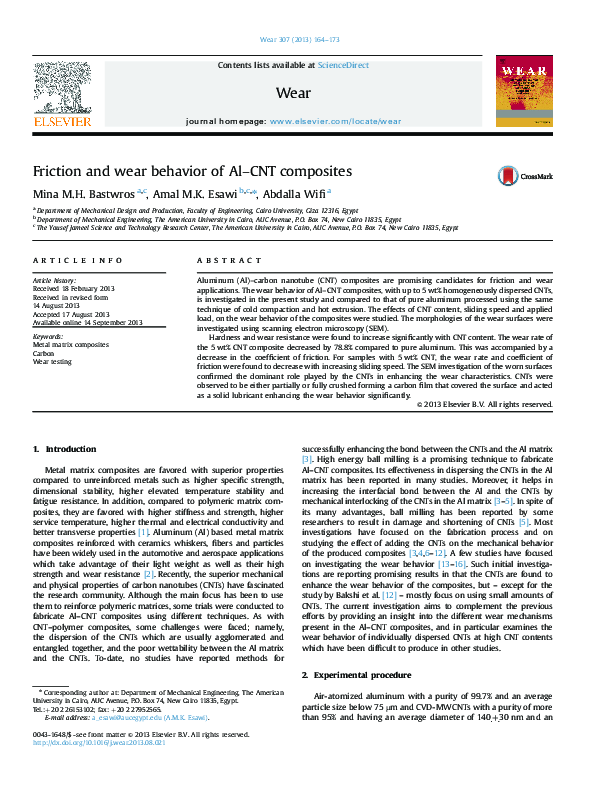 (PDF) Friction and wear behavior of Al–CNT composites