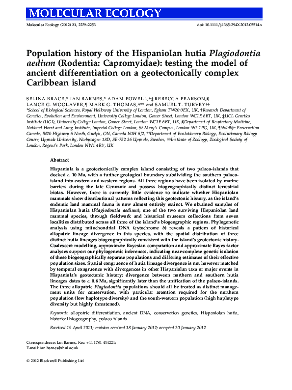 (PDF) Population history of the Hispaniolan hutia Plagiodontia aedium ...
