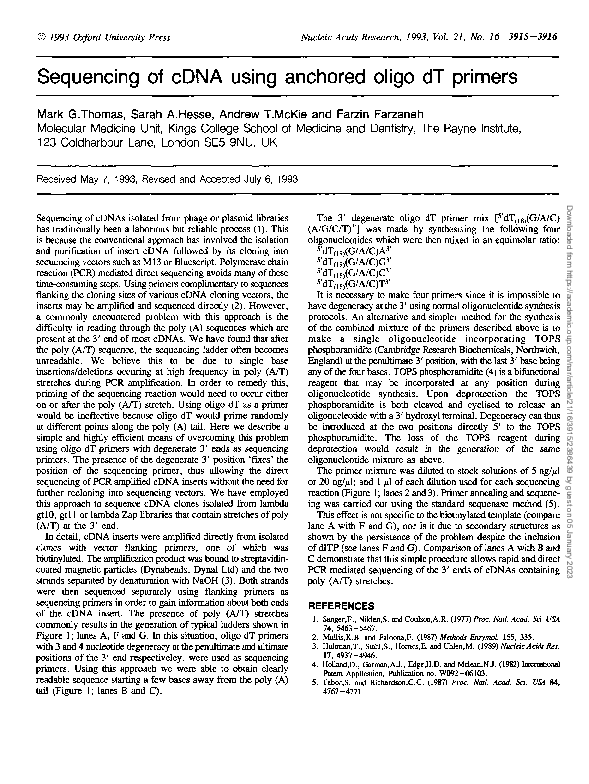 (PDF) Sequencing of cDNA using anchored oligo dT primers Mark Thomas