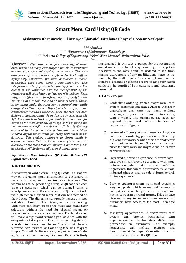 (PDF) Smart Menu Card Using QR Code