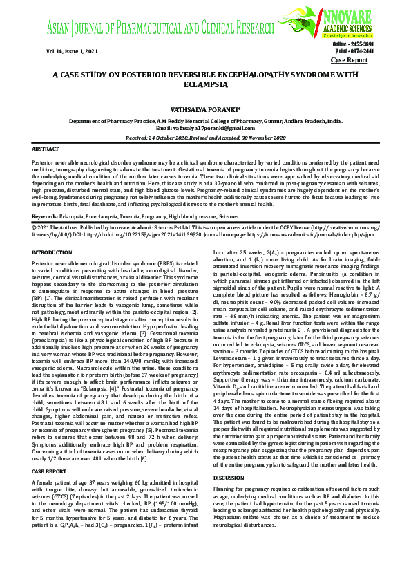 (PDF) A CASE STUDY ON POSTERIOR REVERSIBLE ENCEPHALOPATHY SYNDROME WITH ECLAMPSIA Asian