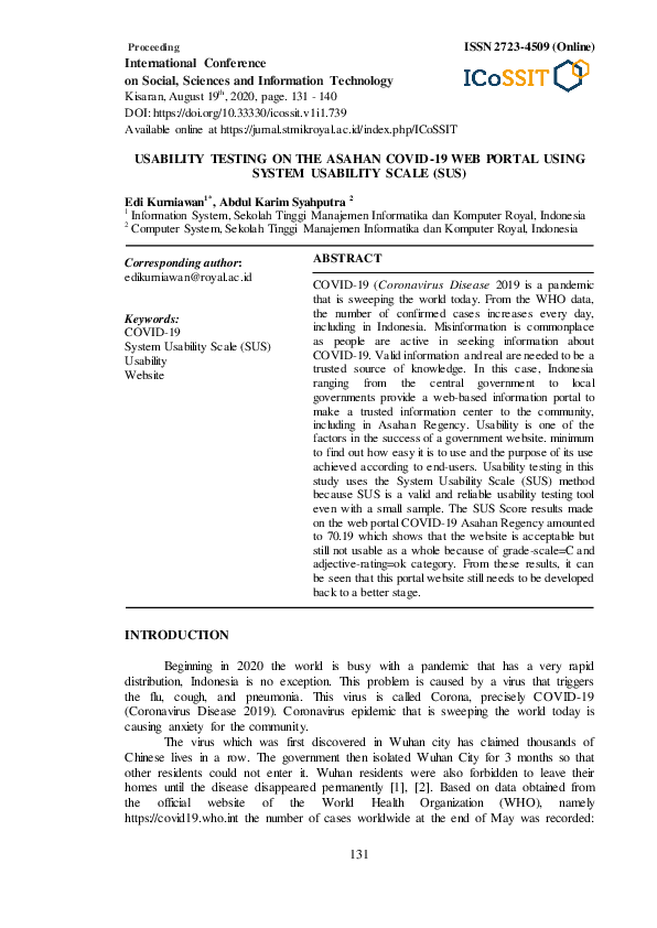 (PDF) Usability Testing on the Asahan COVID-19 Web Portal Using System ...