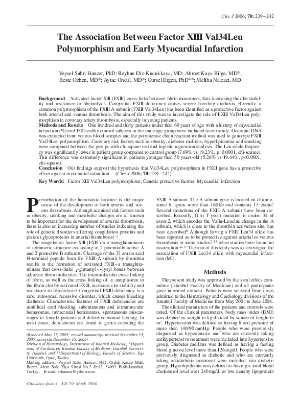 (PDF) The Association Between Factor XIII Val34Leu Polymorphism and ...