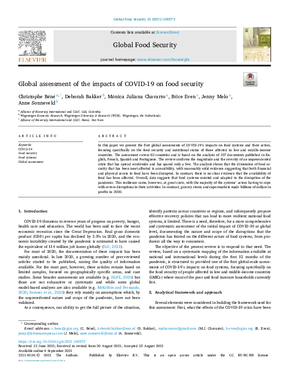 (PDF) Global assessment of the impacts of COVID-19 on food security