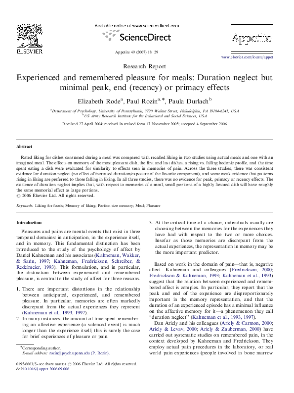 (PDF) Experienced and remembered pleasure for meals: Duration neglect ...