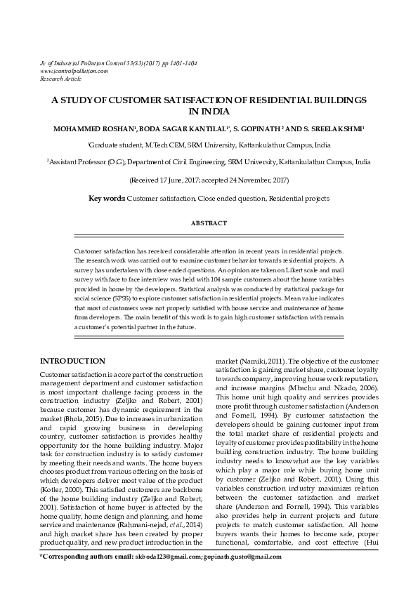 (PDF) A Study of Customer Satisfaction of Residential Buildingsin India
