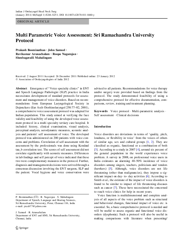 (PDF) Multiparametric voice assessment Sri Ramachandra University