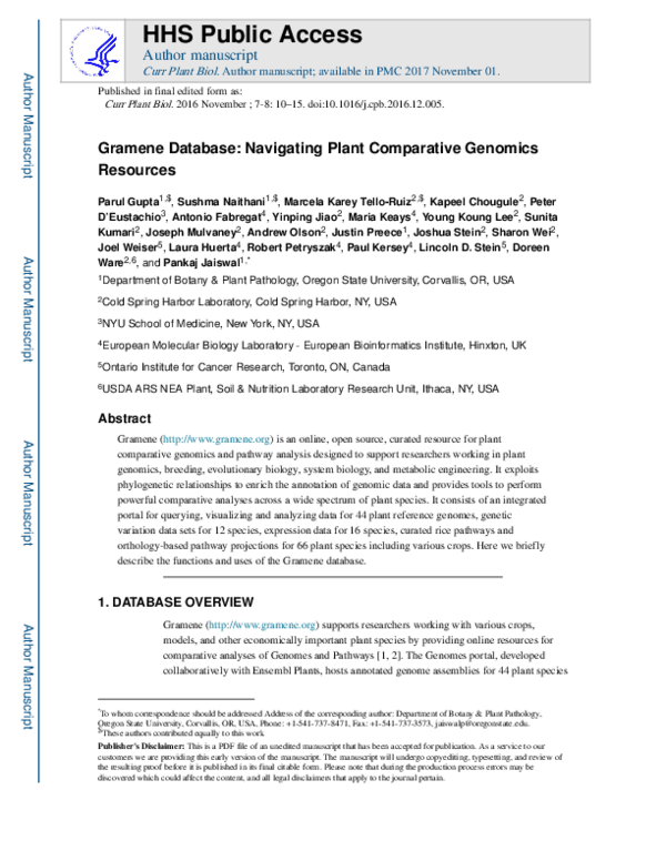 (PDF) Gramene database: Navigating plant comparative genomics resources