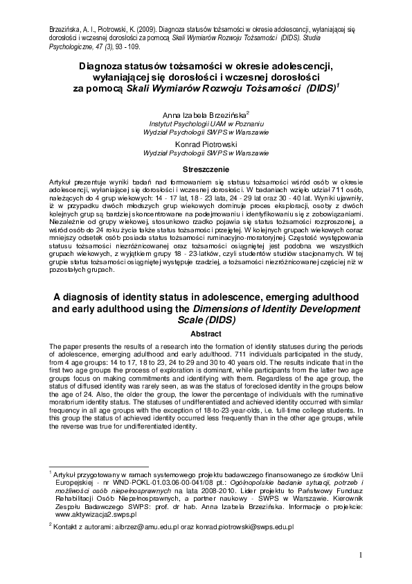 (PDF) A diagnosis of identity status in adolescence, emerging adulthood ...