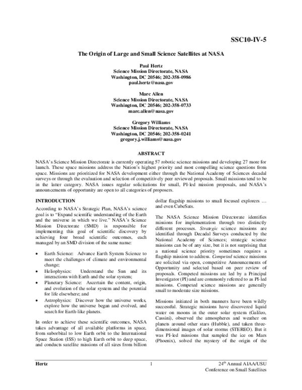 (PDF) The Origin of Large and Small Science Satellites at NASA