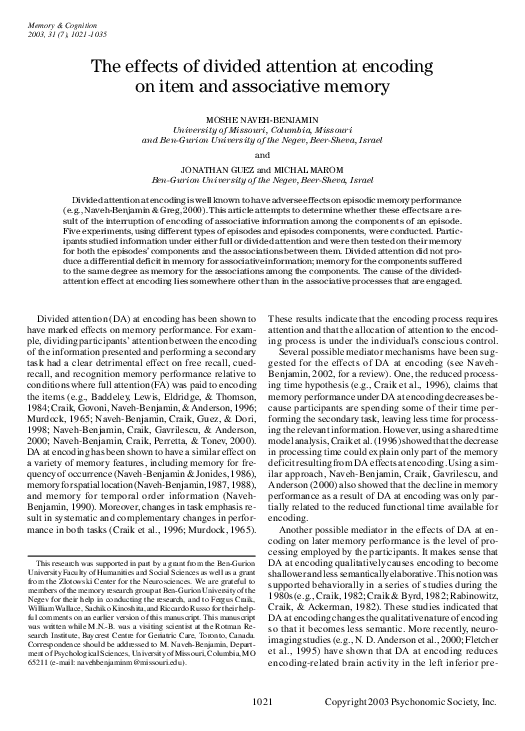 (PDF) The effects of divided attention at encoding on item and ...