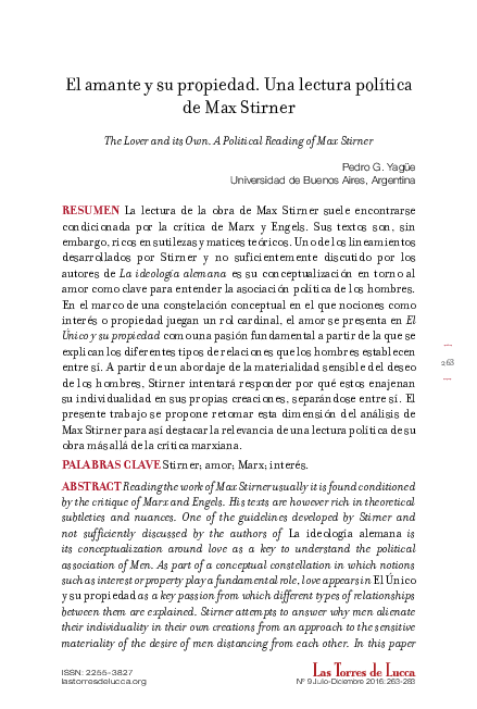 (PDF) The Lover and its Own. A Political Reading of Max Stirner