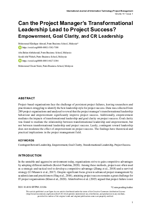 (PDF) Can the Project Manager's Transformational Leadership Lead to ...