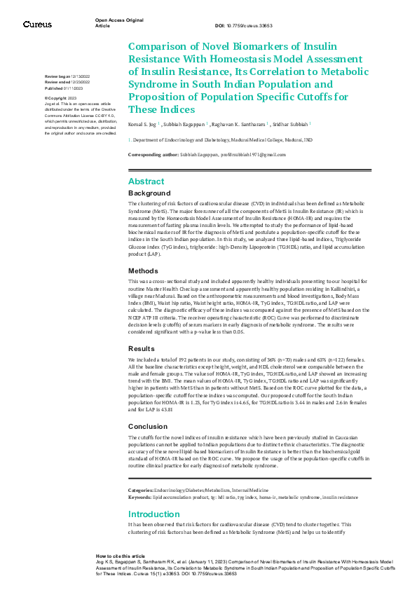 (PDF) Comparison of Novel Biomarkers of Insulin Resistance With ...