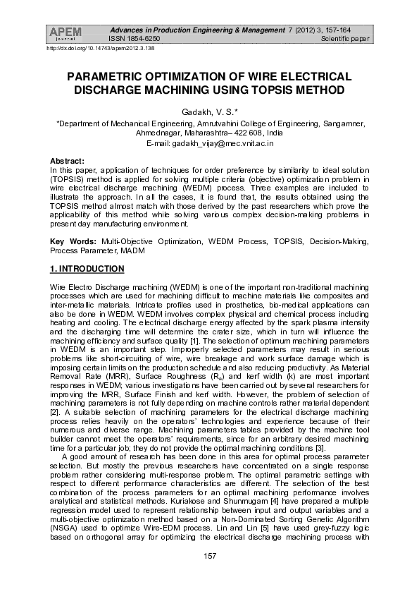 (PDF) Parametric optimization of wire electrical discharge machining ...