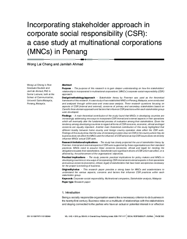 (PDF) Incorporating stakeholder approach in corporate social ...