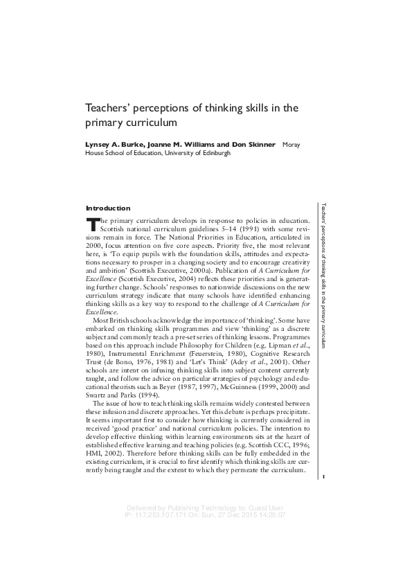 (PDF) Teachers' Perceptions of Thinking Skills in the Primary Curriculum