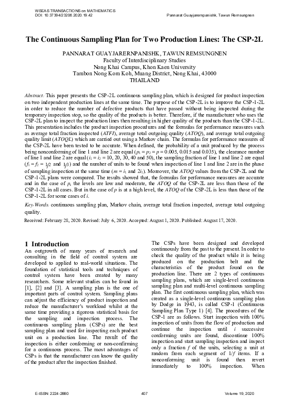 (PDF) The Continuous Sampling Plan for Two Production Lines The CSP2L