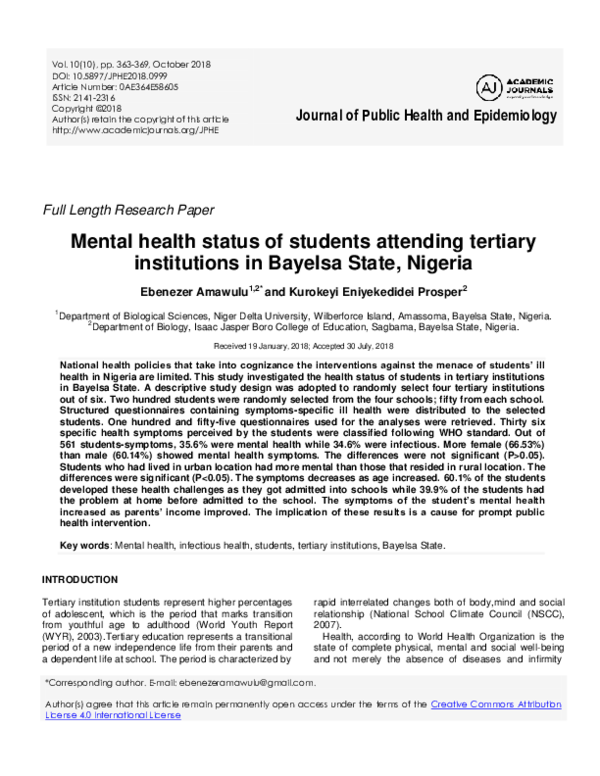 (PDF) Mental health status of students attending tertiary institutions ...
