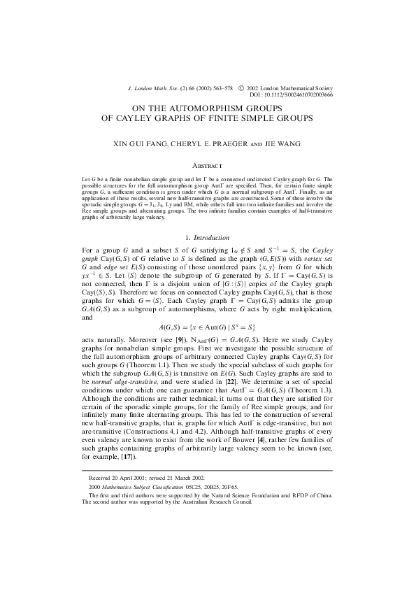 (PDF) On the Automorphism Groups of Cayley Graphs of Finite Simple Groups
