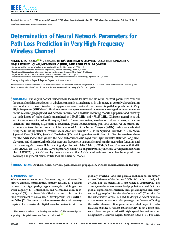 (PDF) Determination of Neural Network Parameters for Path Loss ...