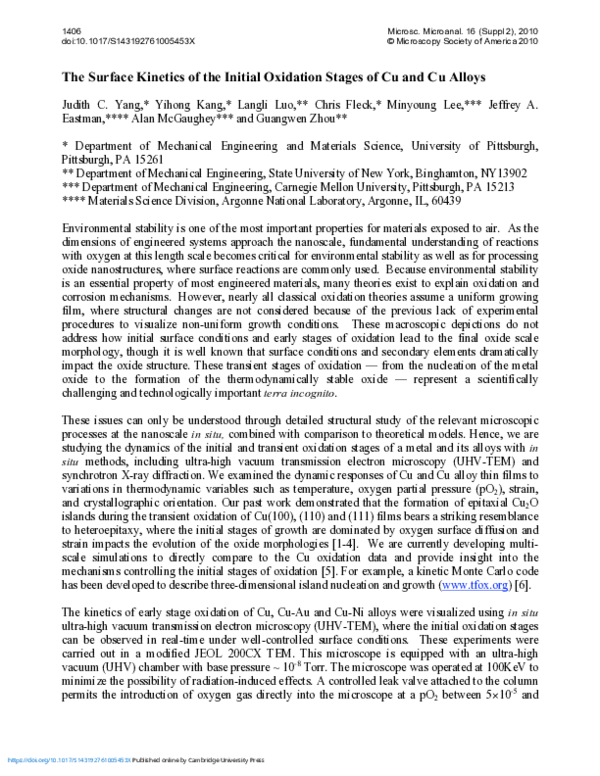 (PDF) The Surface Kinetics of the Initial Oxidation Stages of Cu and Cu ...