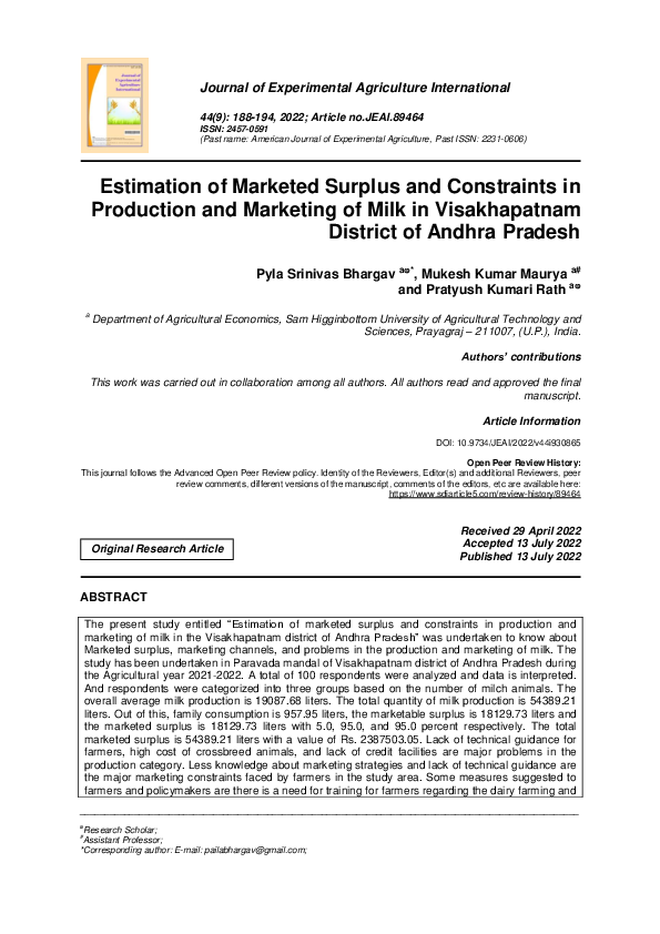 (PDF) Estimation of Marketed Surplus and Constraints in Production and ...
