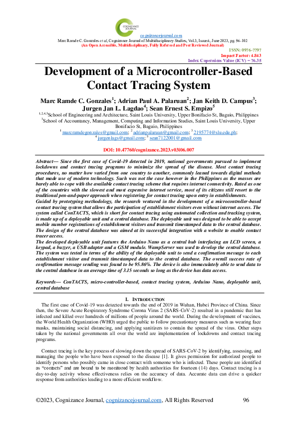 (PDF) Development of a Microcontroller-Based Contact Tracing System