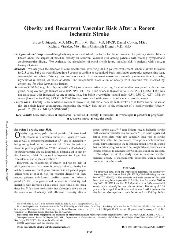 (PDF) Obesity and Recurrent Vascular Risk After a Recent Ischemic Stroke