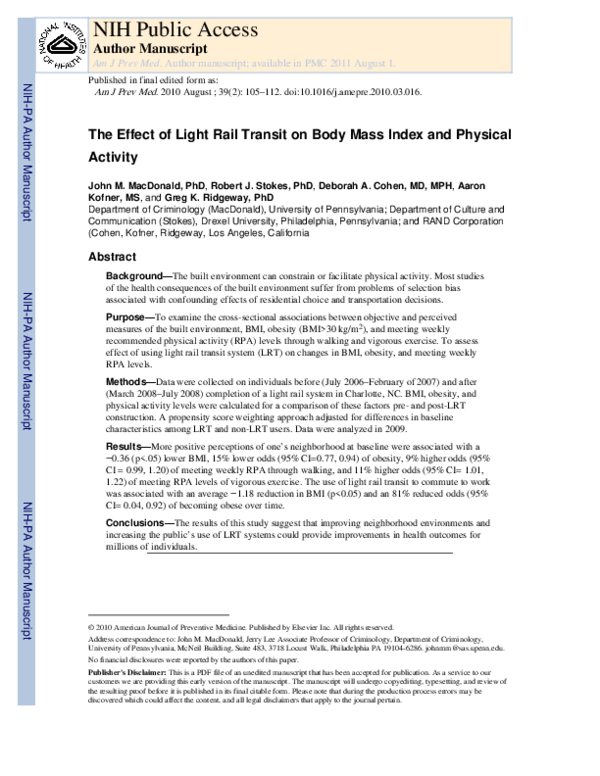 (PDF) The Effect of Light Rail Transit on Body Mass Index and Physical ...