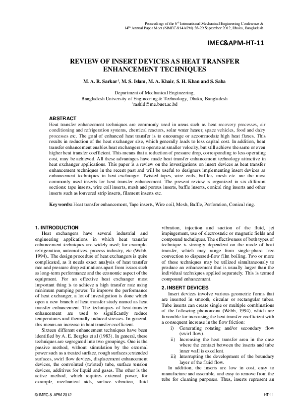(PDF) REVIEW OF INSERT DEVICES AS HEAT TRANSFER ENHANCEMENT TECHNIQUES