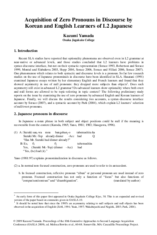(PDF) Acquisition of Zero Pronouns in Discourse by Korean and English ...