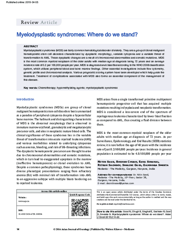 (PDF) Myelodysplastic syndromes: Where do we stand?