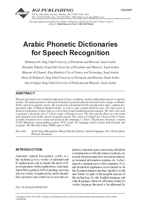 (PDF) Arabic Phonetic Dictionaries for Speech Recognition