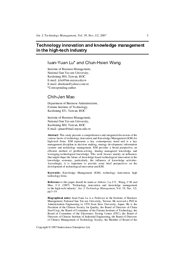 (PDF) Technology innovation and knowledge management in the high-tech ...