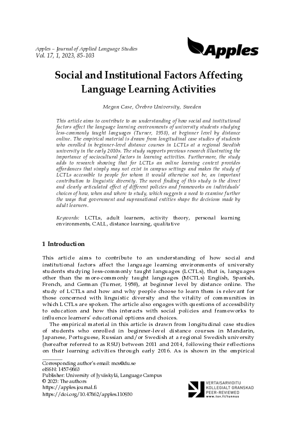 (PDF) Social and Institutional Factors Affecting Language Learning ...