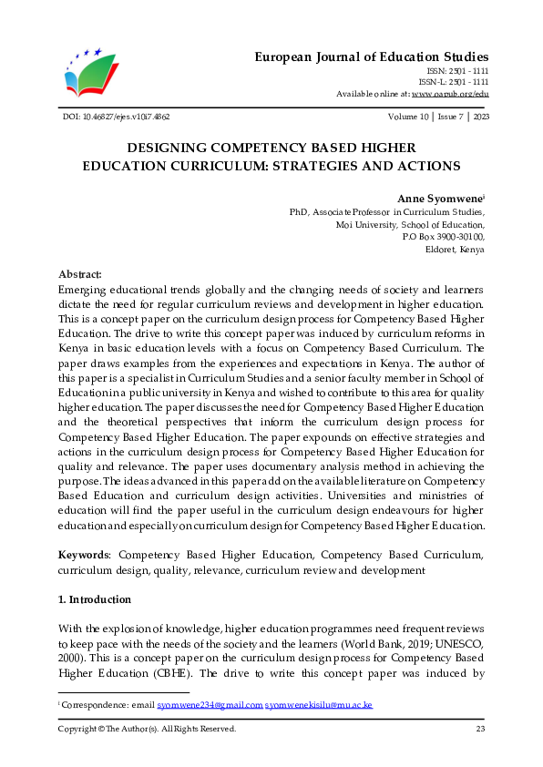 (PDF) Designing Competency Based Higher Education Curriculum ...