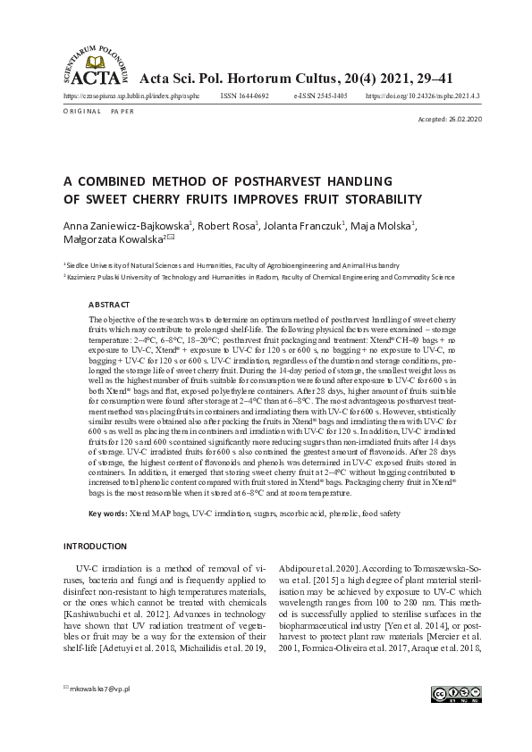 (PDF) A Combined Method of PostHarvest Handling of Sweet Cherry Fruit Versus Fruit Storability