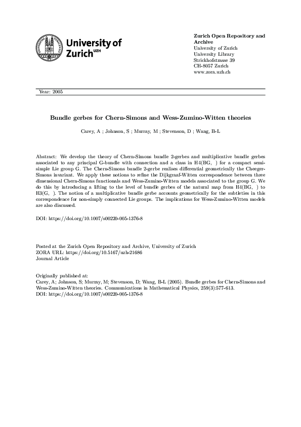 (PDF) Bundle Gerbes for Chern-Simons and Wess-Zumino-Witten Theories ...