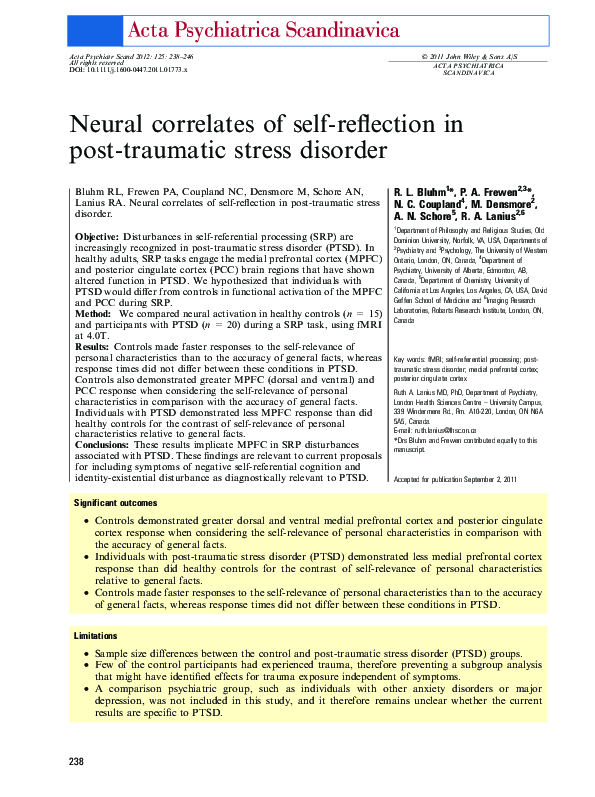 (PDF) Neural correlates of self-reflection in post-traumatic stress ...