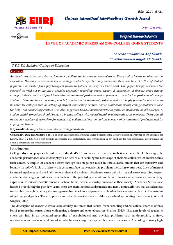 (PDF) Level of Academic Stress Among College Going Students
