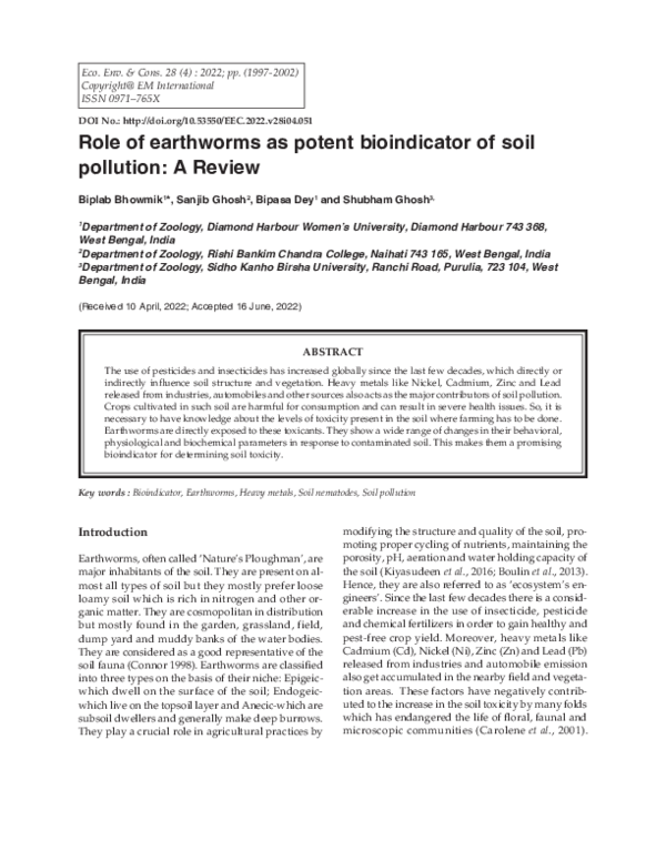 (PDF) Role of earthworms as potent bioindicator of soil pollution: A Review