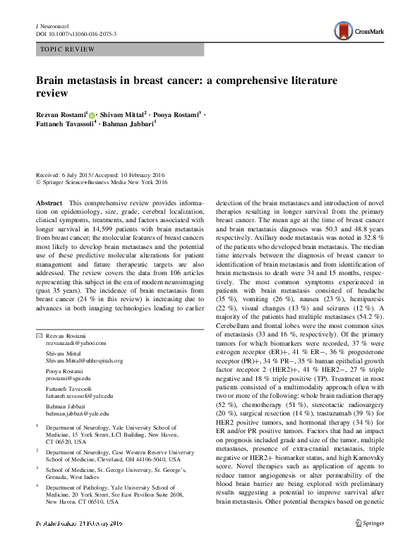 (PDF) Brain metastasis in breast cancer: a comprehensive literature review
