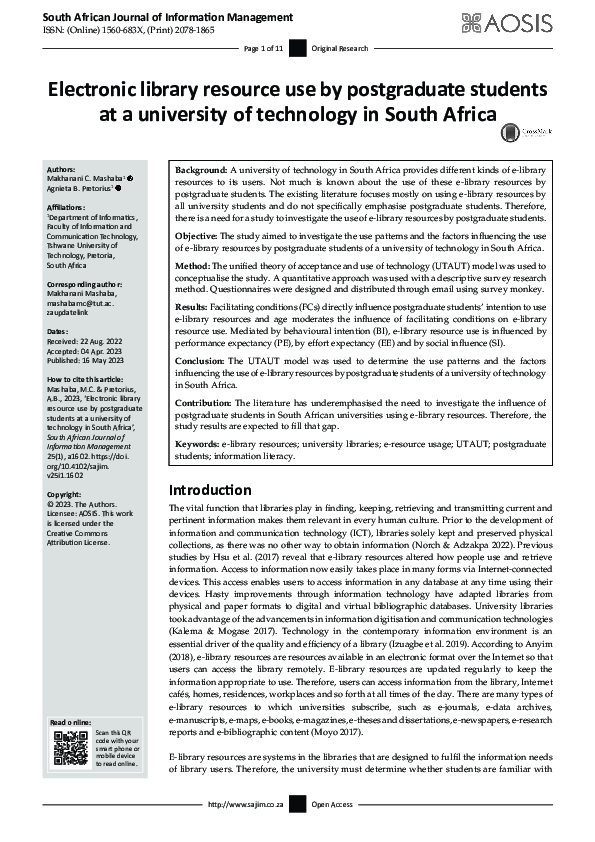 (PDF) Electronic library resource use by postgraduate students at a ...