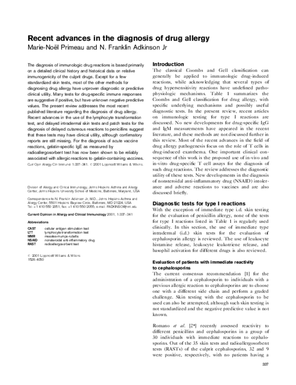 (PDF) Recent advances in the diagnosis of drug allergy